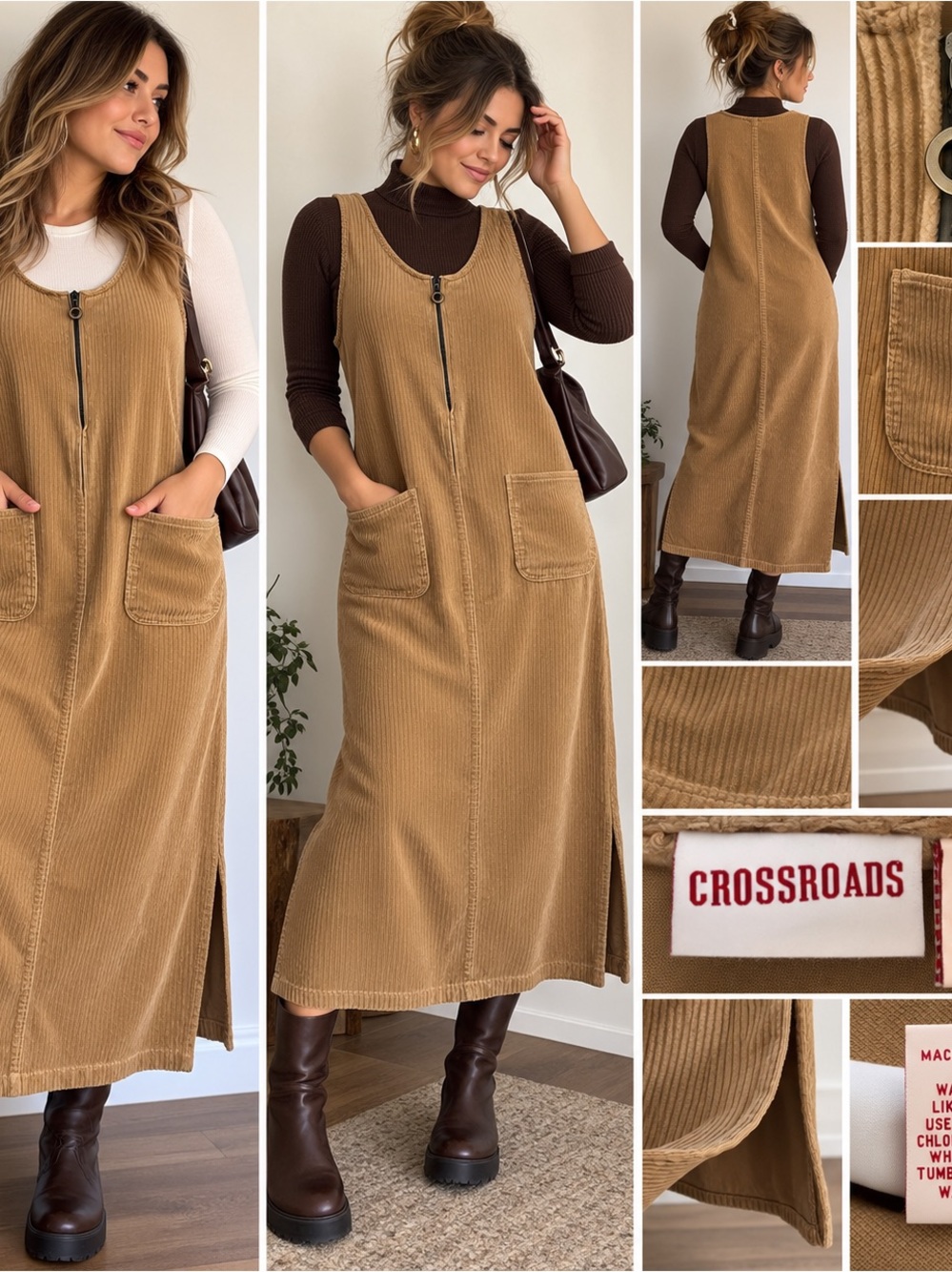90’s cute vintage Tan Corduroy Pinafore Dress with Front Zip